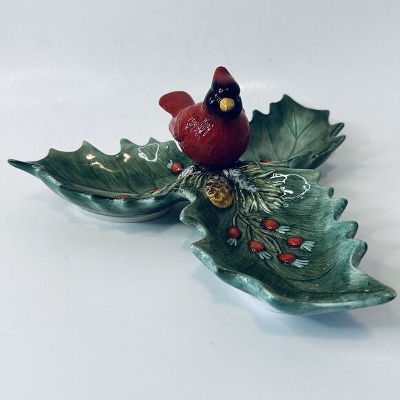 Christmas Traditions Cardinal Holly Ceramic Dish Holiday Red/Green 10" VTG - Picture 9 of 16